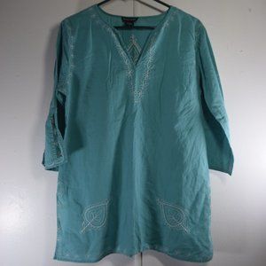 Double Zero 3/4 Sleeve Turquoise Boho Embroidered Tunic